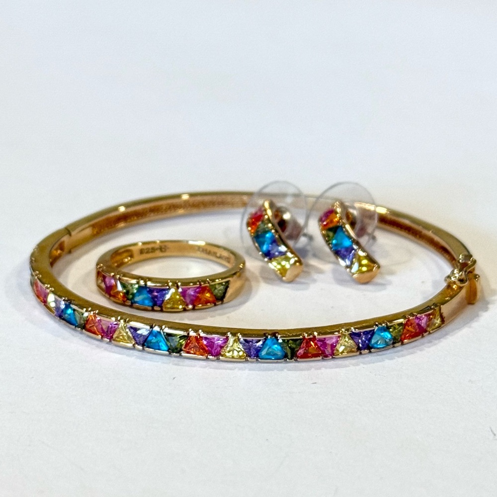 925 Sterling Silver Bracelet Ring & Earrings Set Rhinestone Uncas Thailand